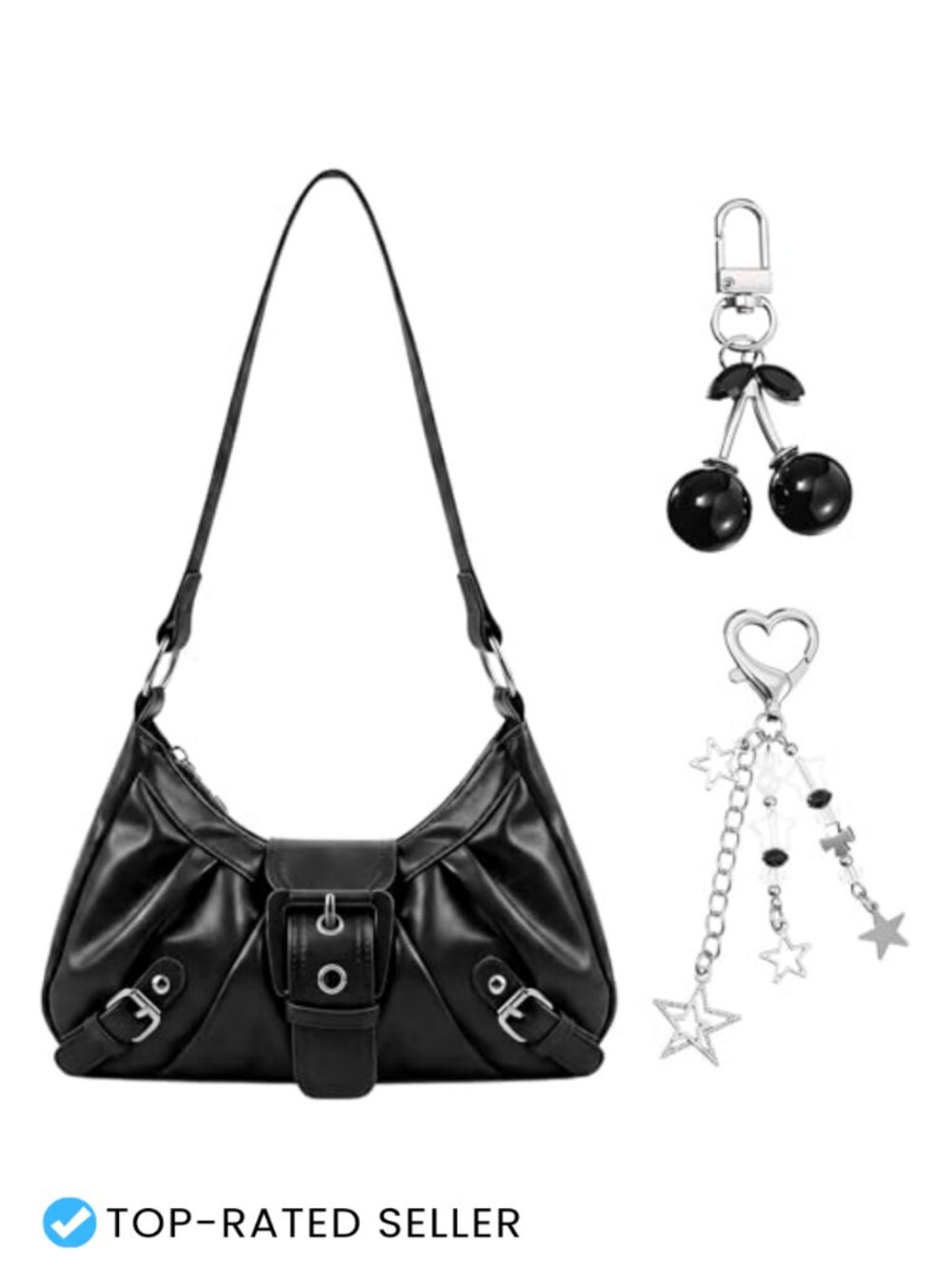 Y2K Leather Purse with Cherry Star Keychain, Crossbody Shoulder Bag, Gothic